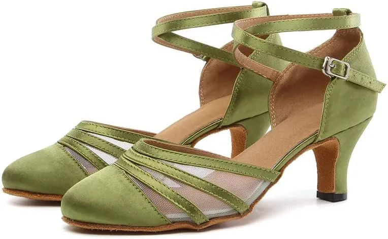 JUODVMP Women's Closed Toe Dance Heels Green Satin Latin Ballroom Dance Shoes for Wedding Party Model YCL189