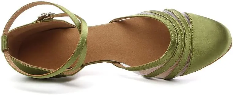 JUODVMP Women's Closed Toe Dance Heels Green Satin Latin Ballroom Dance Shoes for Wedding Party Model YCL189