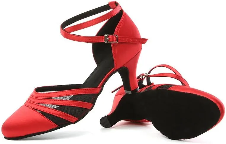 JUODVMP Women's Closed Toe Dance Heels Red Satin Latin Ballroom Dance Shoes for Wedding Party Model YCL189