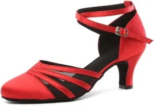 JUODVMP Women's Closed Toe Dance Heels Red Satin Latin Ballroom Dance Shoes for Wedding Party Model YCL189
