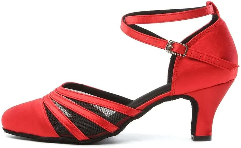 JUODVMP Women's Closed Toe Dance Heels Red Satin Latin Ballroom Dance Shoes for Wedding Party Model YCL189