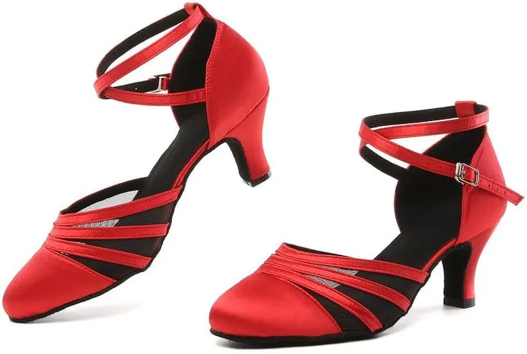 JUODVMP Women's Closed Toe Dance Heels Red Satin Latin Ballroom Dance Shoes for Wedding Party Model YCL189