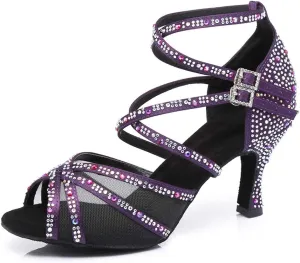JUODVMP Women's Satin with Rhinestones Multi-Straps Braided Cross-Strap Latin Salsa Dance Performance Shoes Model L373