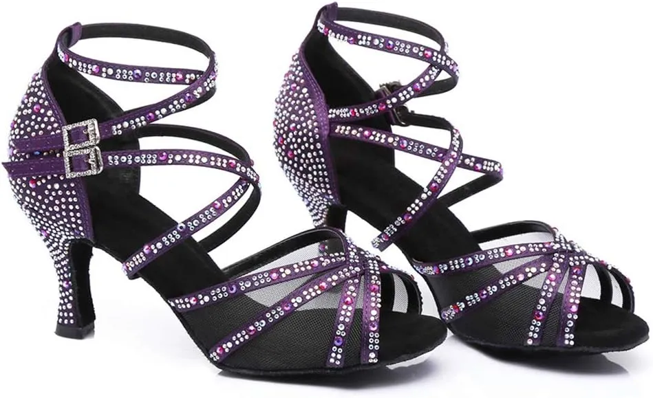 JUODVMP Women's Satin with Rhinestones Multi-Straps Braided Cross-Strap Latin Salsa Dance Performance Shoes Model L373