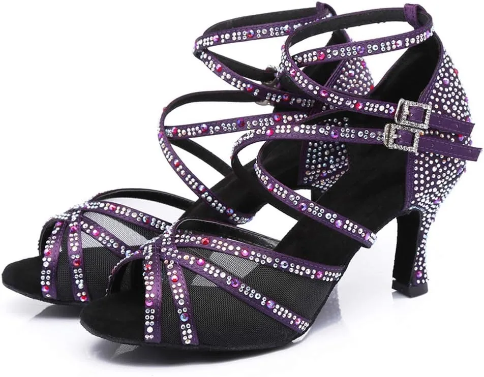 JUODVMP Women's Satin with Rhinestones Multi-Straps Braided Cross-Strap Latin Salsa Dance Performance Shoes Model L373