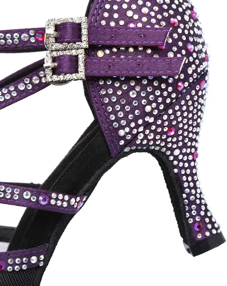 JUODVMP Women's Satin with Rhinestones Multi-Straps Braided Cross-Strap Latin Salsa Dance Performance Shoes Model L373