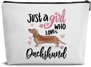 Just A Girl Who Loves Dachshund Makeup Bag,Cute Sausage Dog Puppy Leather Travel Makeup Pouch,Cosmetic Bag Zipper Pouch for Women,Travel Organizer Pouch Small Makeup Bag for Purse