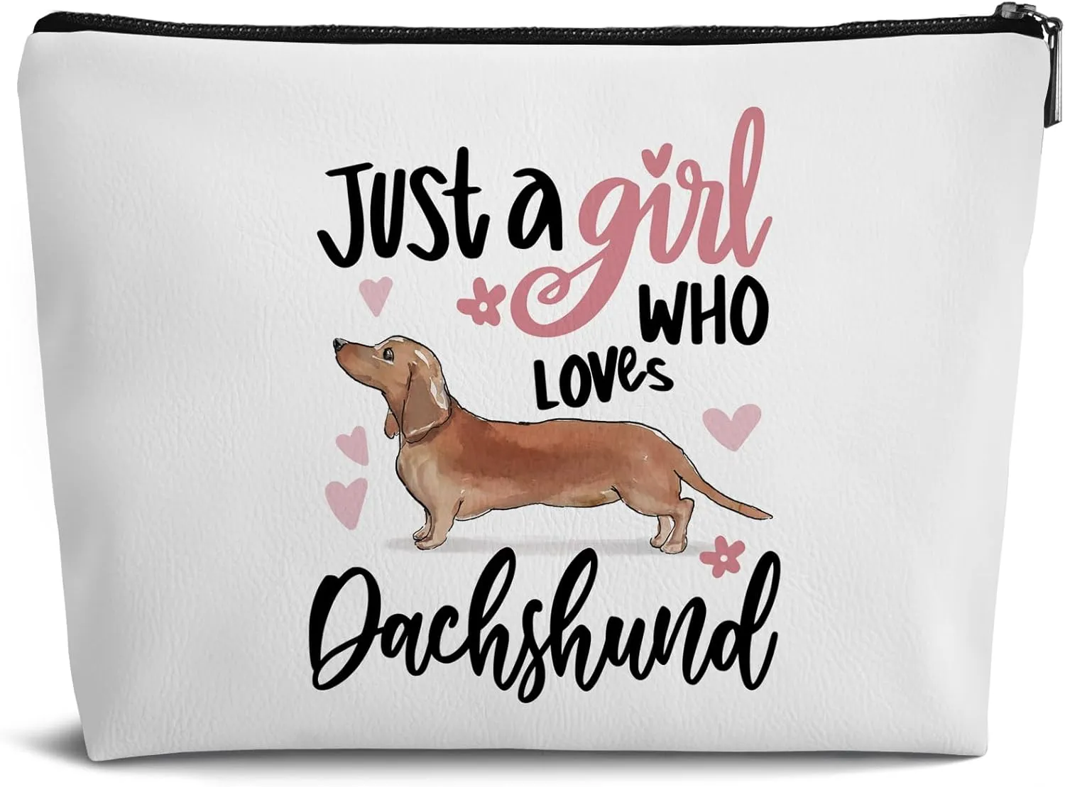 Just A Girl Who Loves Dachshund Makeup Bag,Cute Sausage Dog Puppy Leather Travel Makeup Pouch,Cosmetic Bag Zipper Pouch for Women,Travel Organizer Pouch Small Makeup Bag for Purse