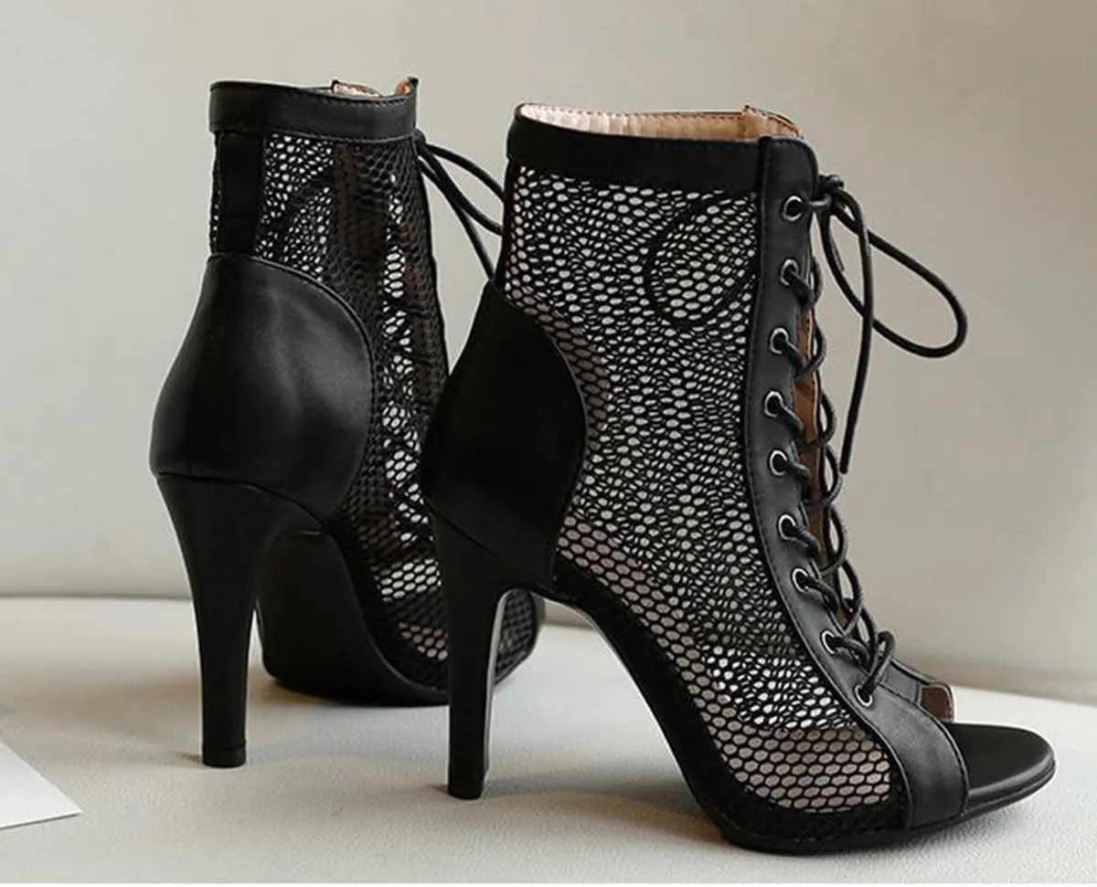 JXUZY Women's Lace-up Mesh Sandals Jazz Dance High Heels Peep Toe Ankle Boots