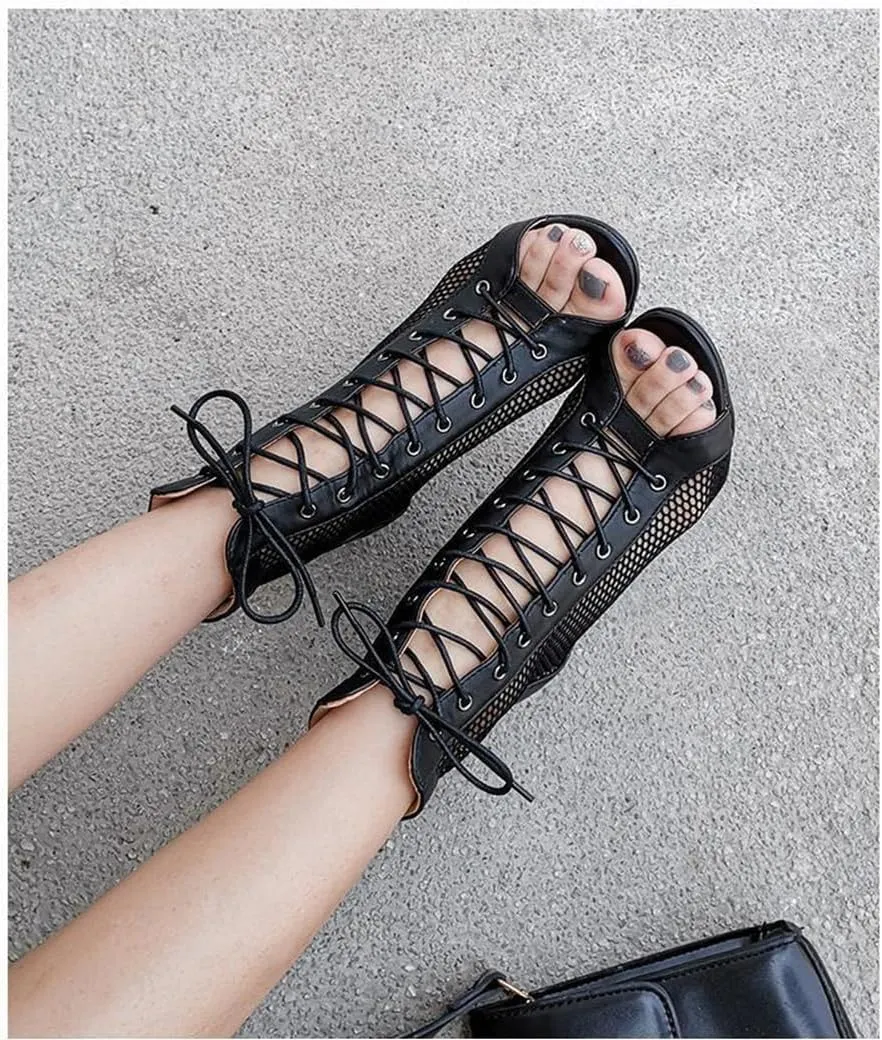 JXUZY Women's Lace-up Mesh Sandals Jazz Dance High Heels Peep Toe Ankle Boots