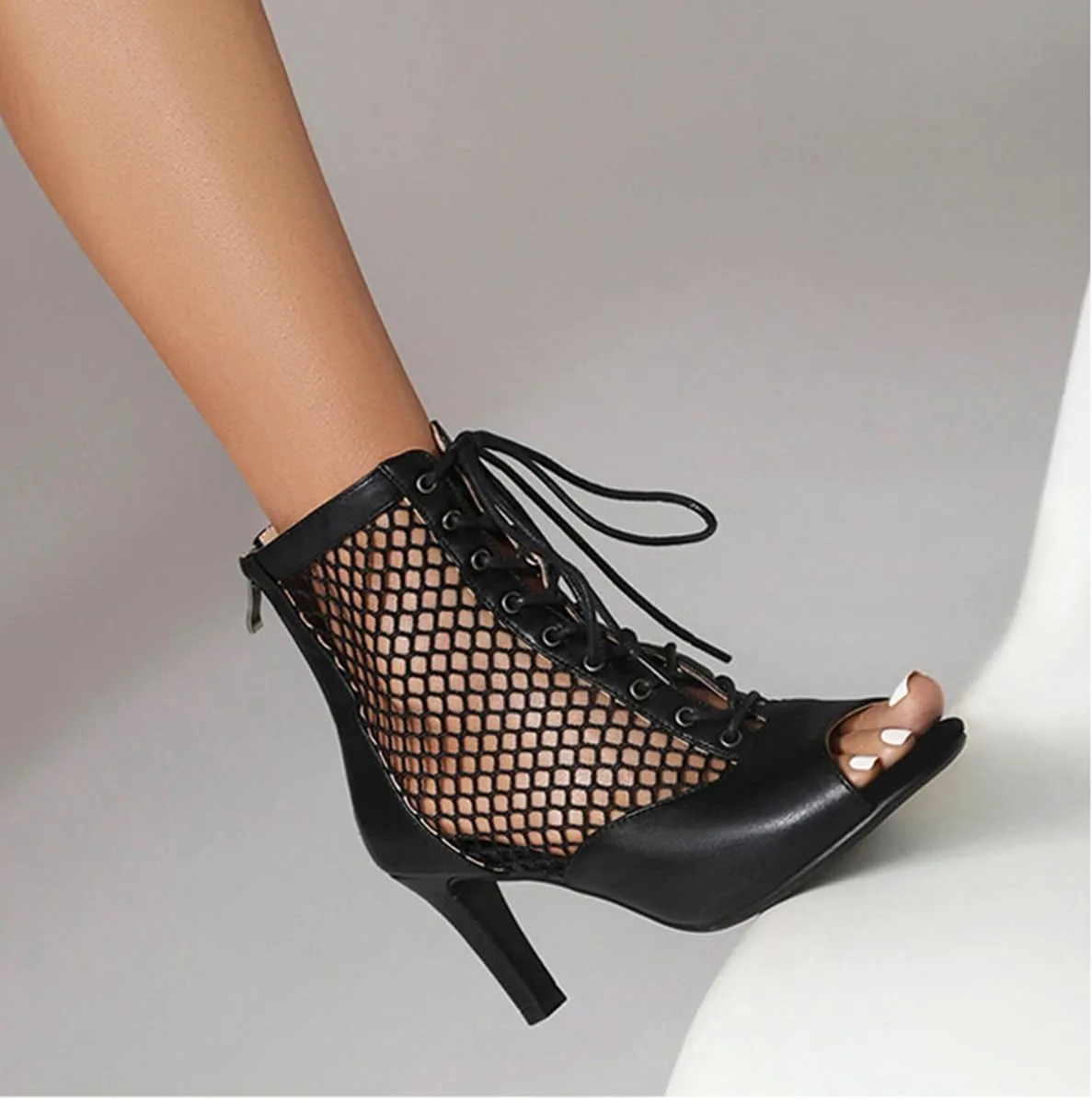 JXUZY Women's Lace-up Mesh Sandals Jazz Dance High Heels Peep Toe Ankle Boots