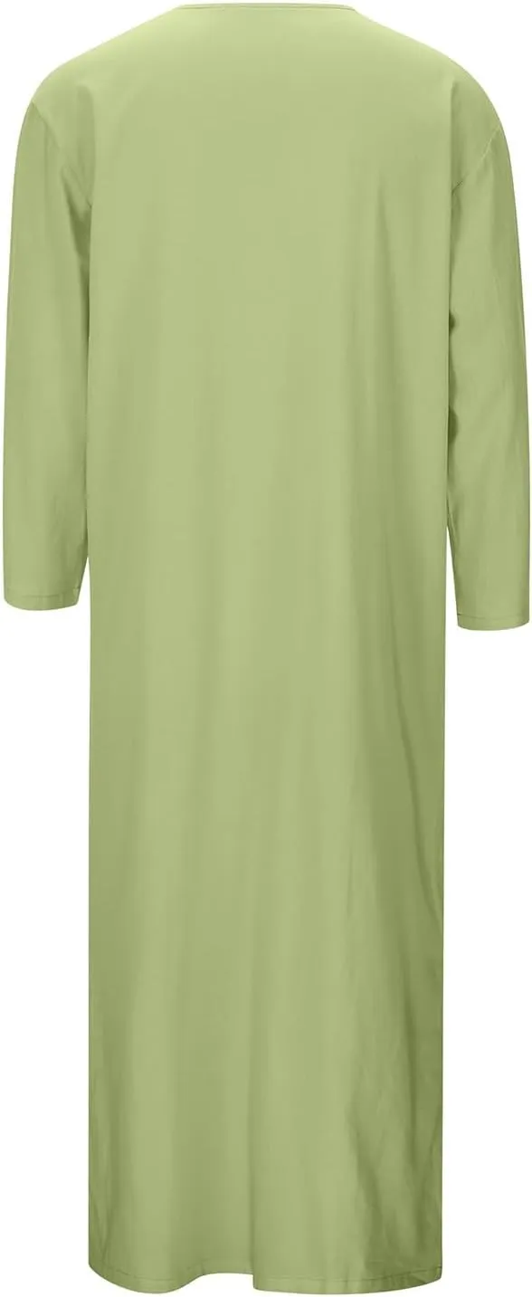 Kaftan Thobe Mens Short Sleeve V-Neck Linen Robe Big and Tall Muslim Robe Casual Loose Lightweight Long Sleeping Gown