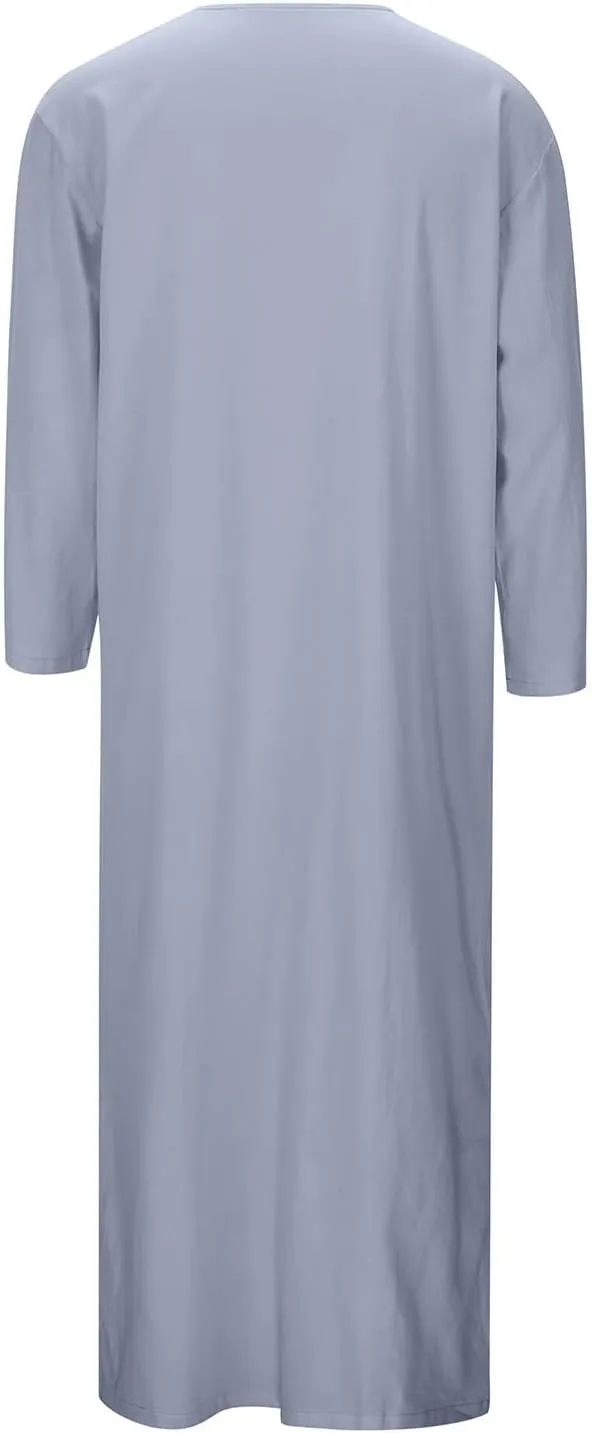 Kaftan Thobe Mens Short Sleeve V-Neck Linen Robe Big and Tall Muslim Robe Casual Loose Lightweight Long Sleeping Gown