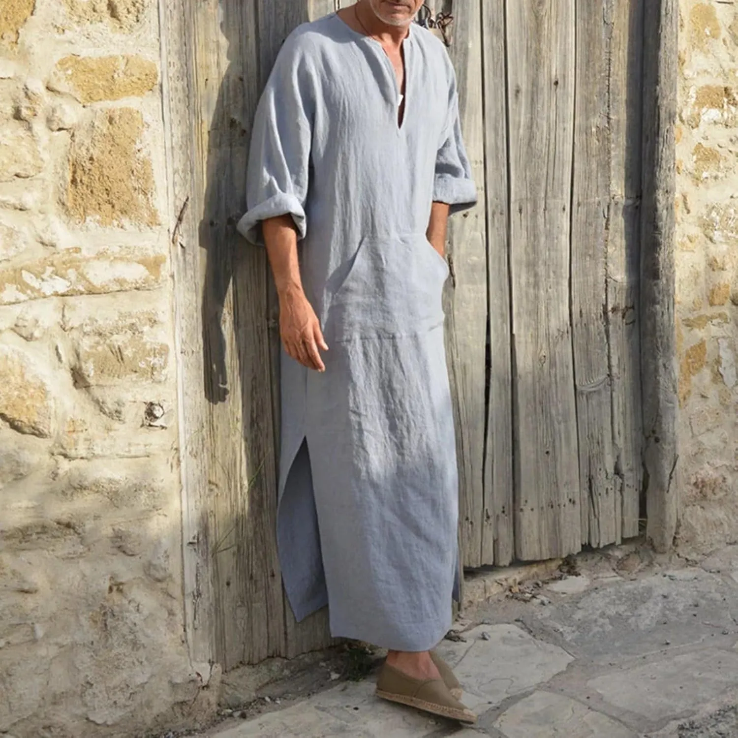 Kaftan Thobe Mens Short Sleeve V-Neck Linen Robe Big and Tall Muslim Robe Casual Loose Lightweight Long Sleeping Gown