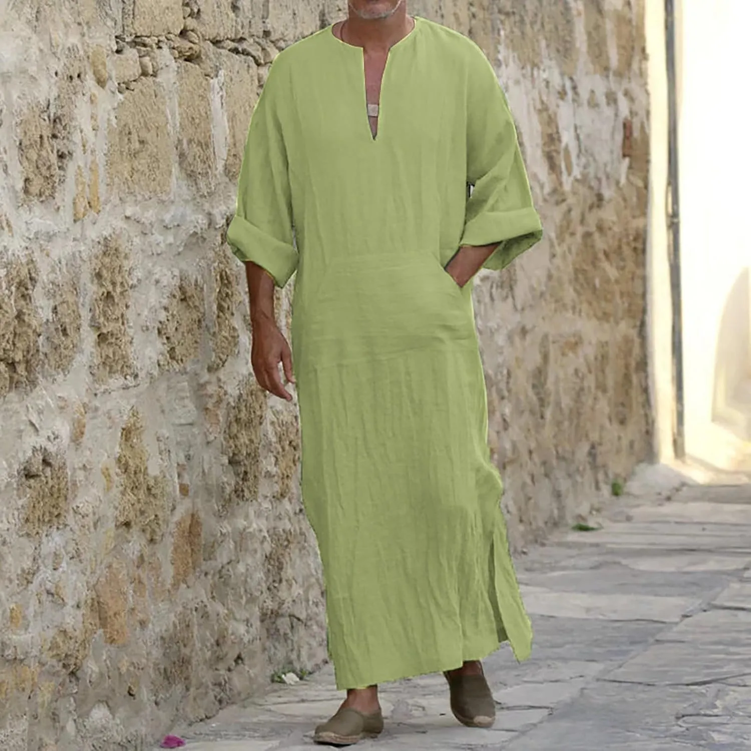Kaftan Thobe Mens Short Sleeve V-Neck Linen Robe Big and Tall Muslim Robe Casual Loose Lightweight Long Sleeping Gown