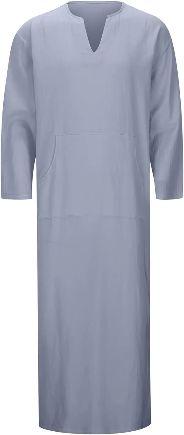 Kaftan Thobe Mens Short Sleeve V-Neck Linen Robe Big and Tall Muslim Robe Casual Loose Lightweight Long Sleeping Gown