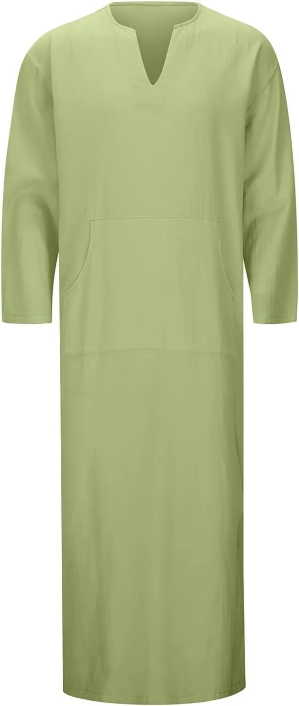 Kaftan Thobe Mens Short Sleeve V-Neck Linen Robe Big and Tall Muslim Robe Casual Loose Lightweight Long Sleeping Gown