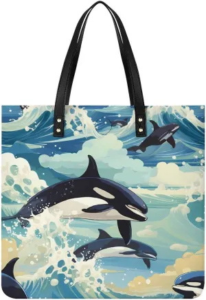 Killer Whale Tote Bags PU Leather Top Handle Satchel Handbags Shoulder Bags Travel Purse for Women Men