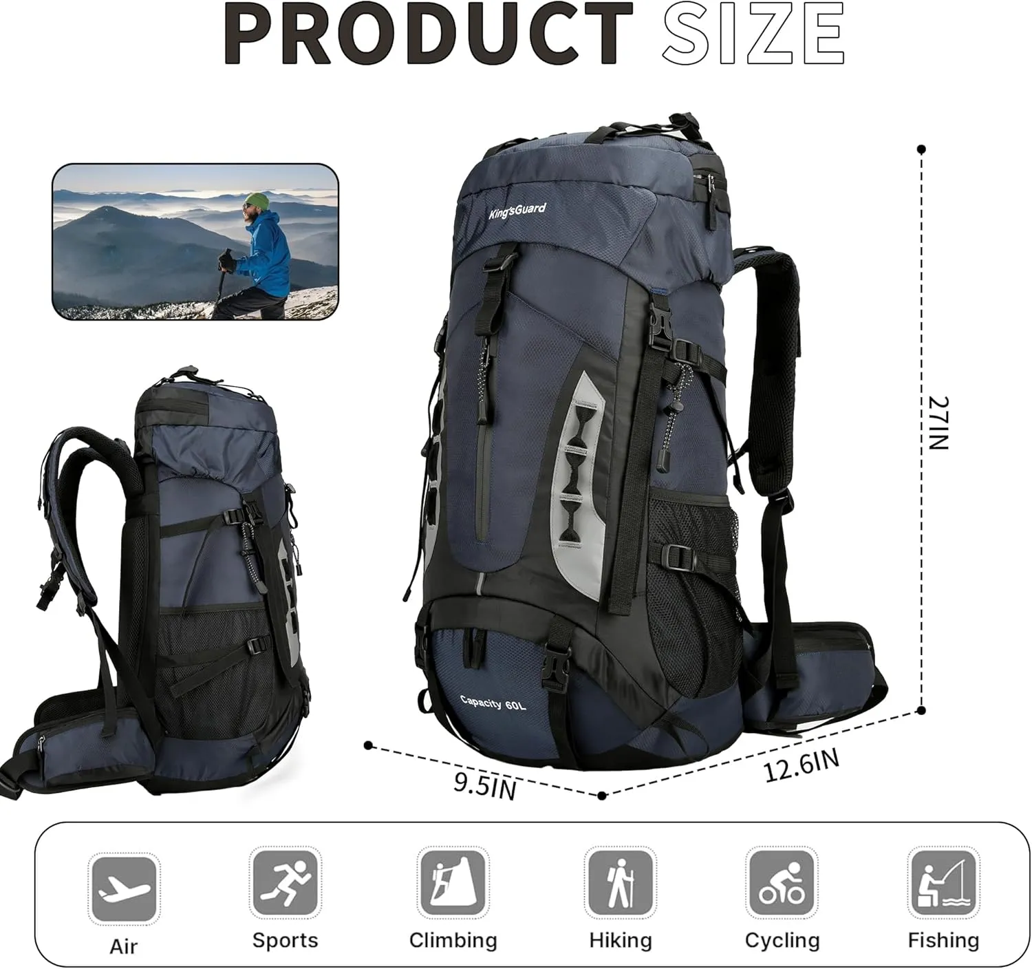 King'sGuard 60L Hiking Backpack Men Women Camping Backpack Waterproof Backpacking Mountaineering Climbing Daypack (Navy)