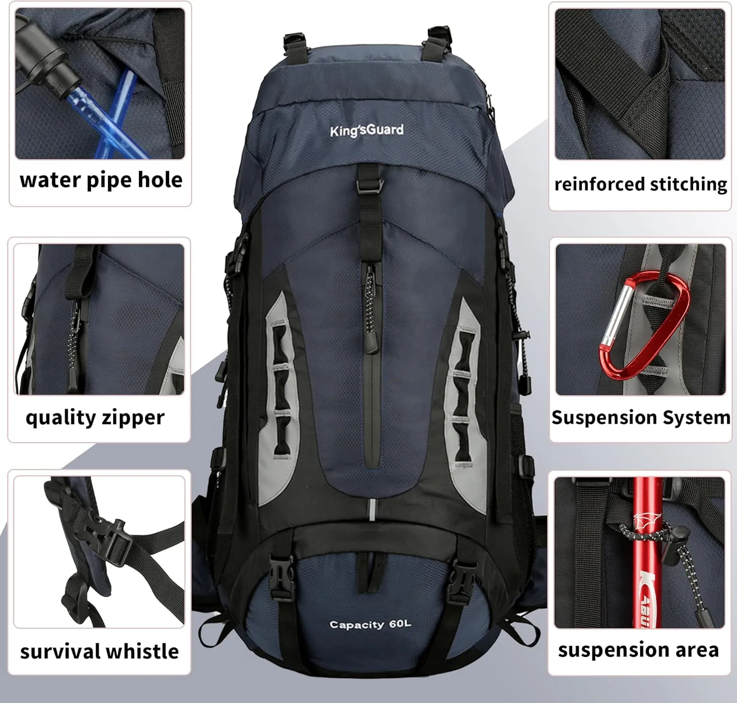 King'sGuard 60L Hiking Backpack Men Women Camping Backpack Waterproof Backpacking Mountaineering Climbing Daypack (Navy)