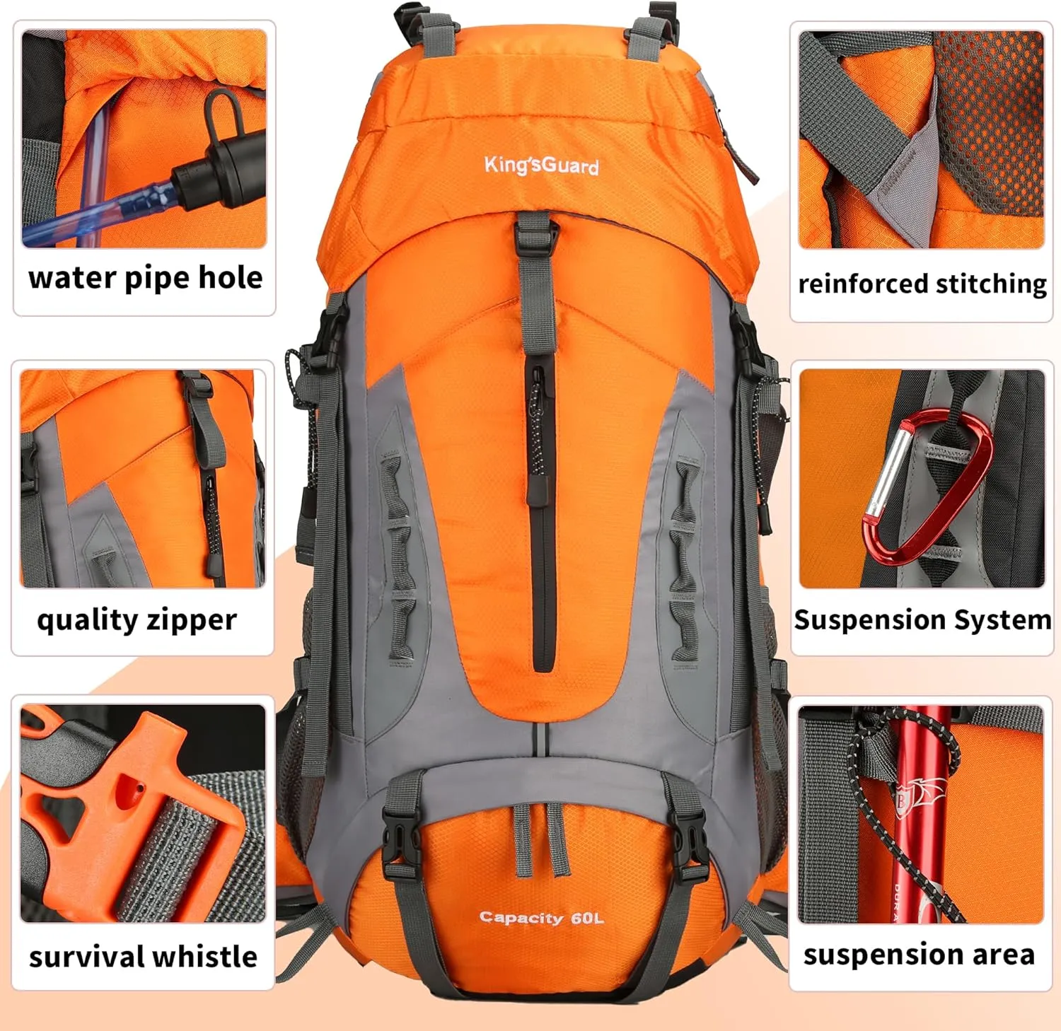 King'sGuard 60L Hiking Backpack Men Women Camping Backpack Waterproof Backpacking Mountaineering Climbing Daypack (Orange)