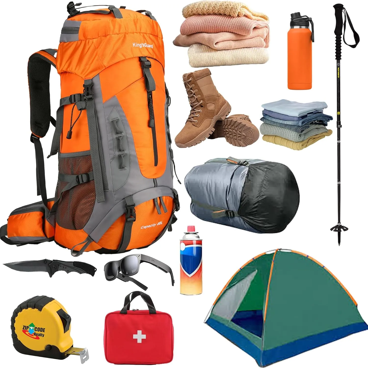 King'sGuard 60L Hiking Backpack Men Women Camping Backpack Waterproof Backpacking Mountaineering Climbing Daypack (Orange)