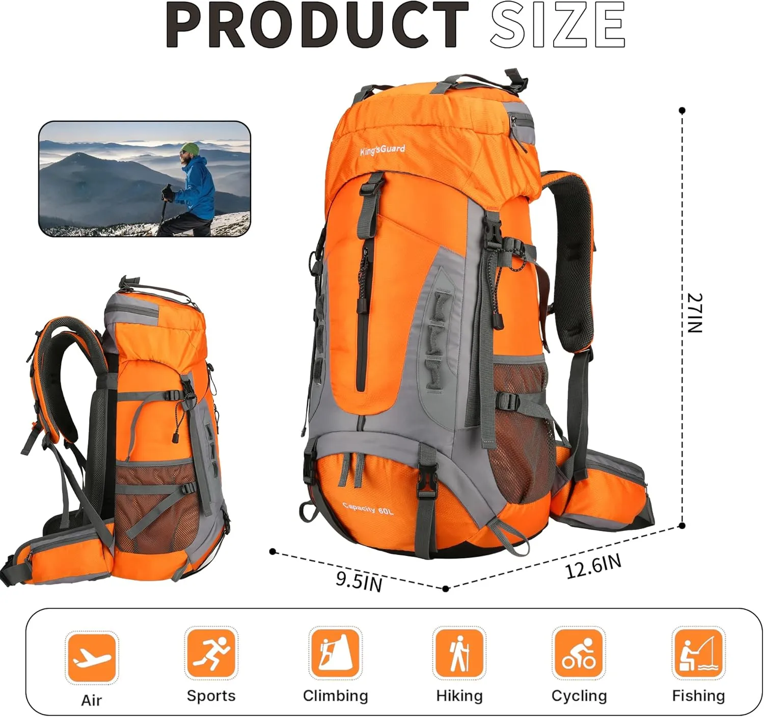 King'sGuard 60L Hiking Backpack Men Women Camping Backpack Waterproof Backpacking Mountaineering Climbing Daypack (Orange)