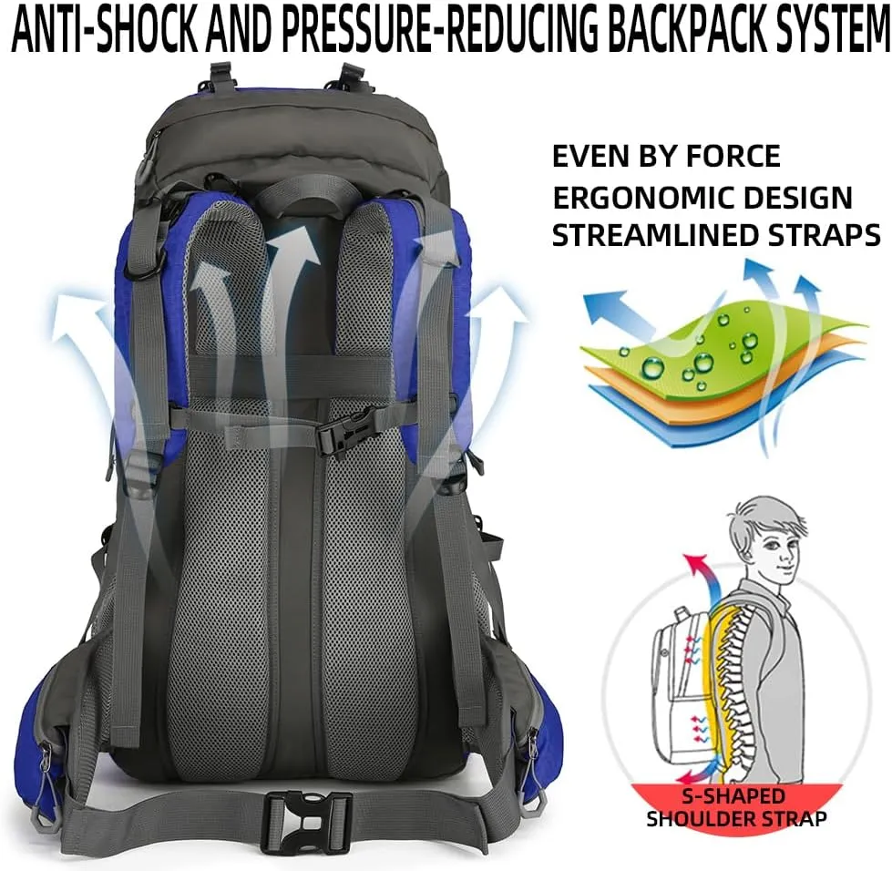 King'sGuard 60L Hiking Backpack, Waterproof Camping Backpacking Backpack for Men Outdoor Climbing Daypack (Dark-Blue)