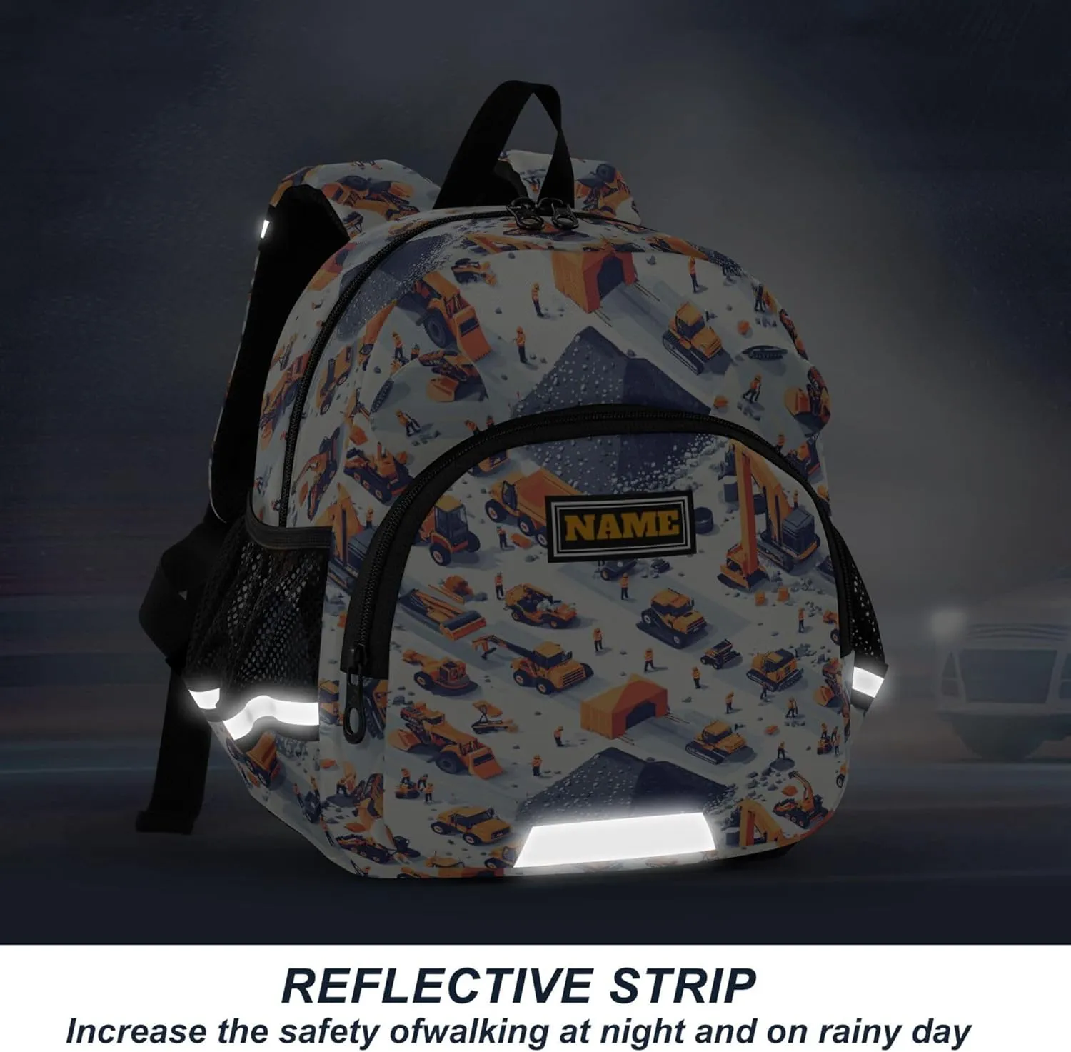 KLL Custom Cute Ears Toddler Day Backpack Leash Little Girls Anti-Lost Personalized Mini Bookbag with Reflective Strip M Construction Scene Highway Construction Bulldozer Bulldozer