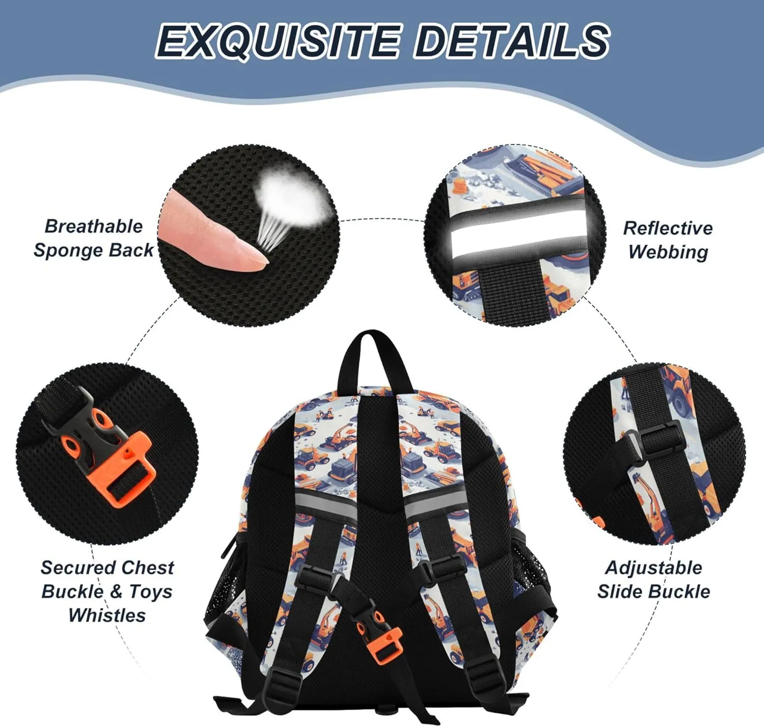 KLL Custom Cute Ears Toddler Day Backpack Leash Little Girls Anti-Lost Personalized Mini Bookbag with Reflective Strip M Construction Scene Highway Construction Bulldozer Bulldozer