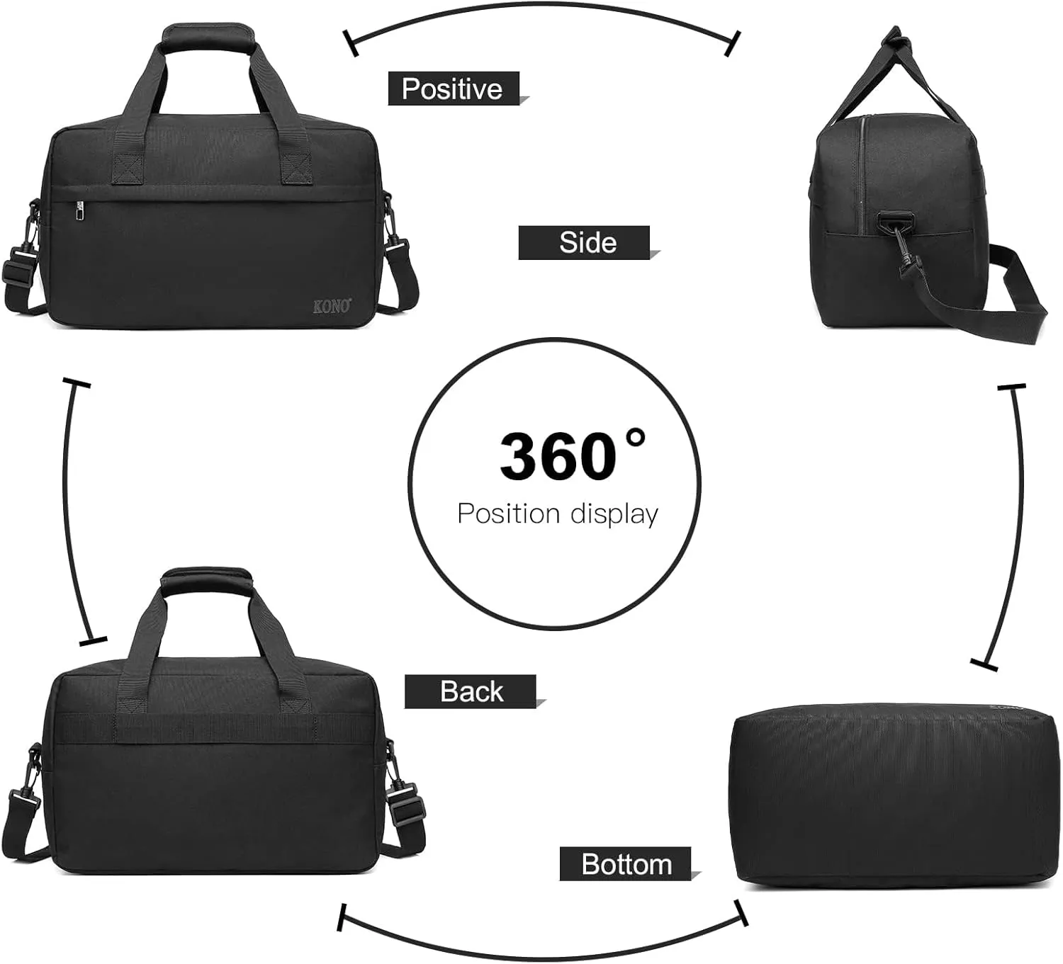 Kono Holdall Cabin Luggage Under Seat Ryanair Flight Carry-on Bag Unisex Sports Travel Duffels Bag, Black, M
