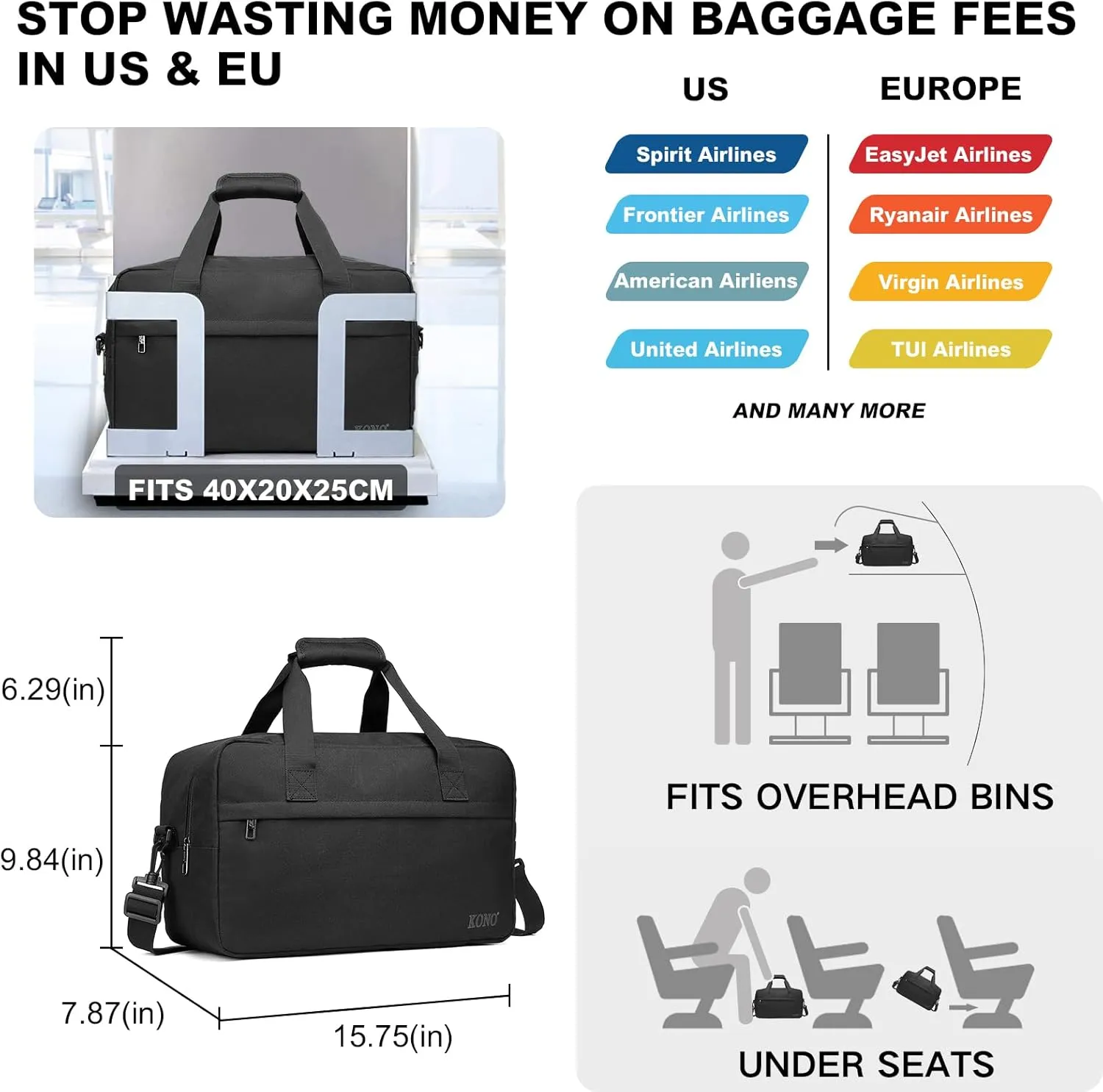 Kono Holdall Cabin Luggage Under Seat Ryanair Flight Carry-on Bag Unisex Sports Travel Duffels Bag, Black, M