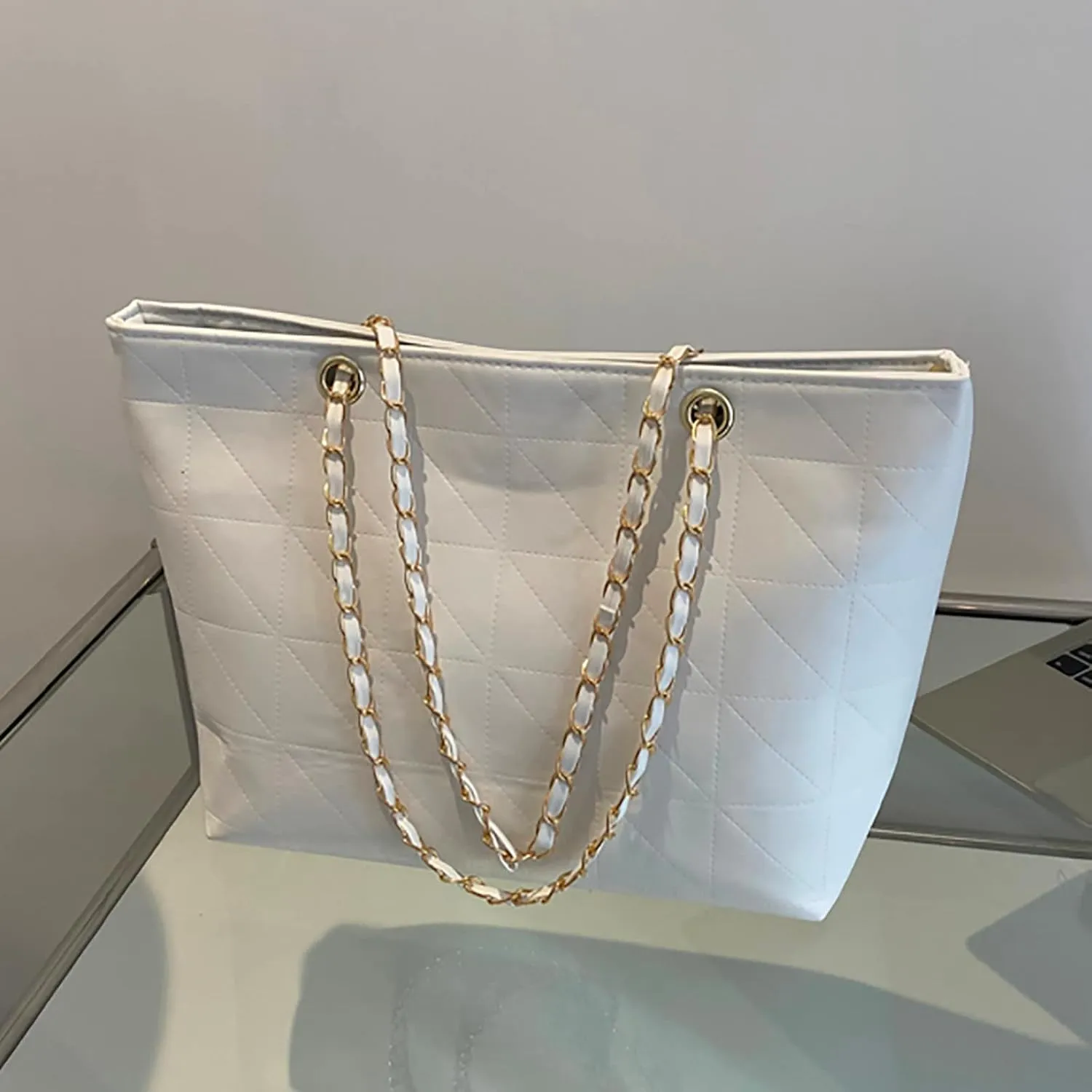 Ladies Fashion Solid Color Leather Diamond Bag Zipper Metal Chain Shoulder Strap Bag Shoulder Bags Men (White, One Size)