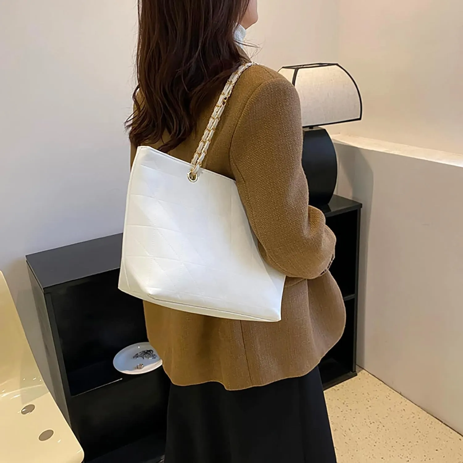 Ladies Fashion Solid Color Leather Diamond Bag Zipper Metal Chain Shoulder Strap Bag Shoulder Bags Men (White, One Size)