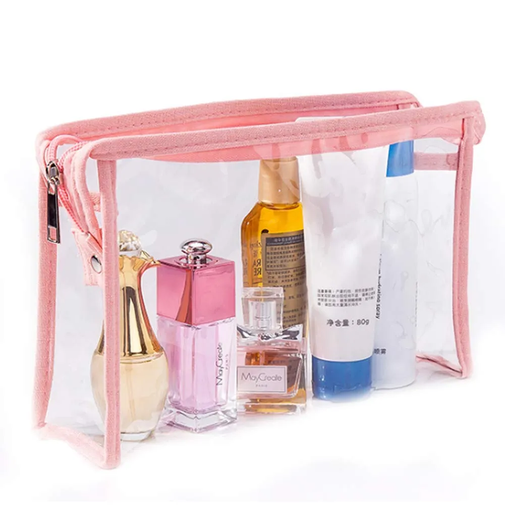 Lady's Cosmetics Portable Zipper Waterproof Transparent Travel Dustproof Storage Bags PVC Clear Makeup Wash Toiletry Bag set of 3 (pink red-crowned crane)