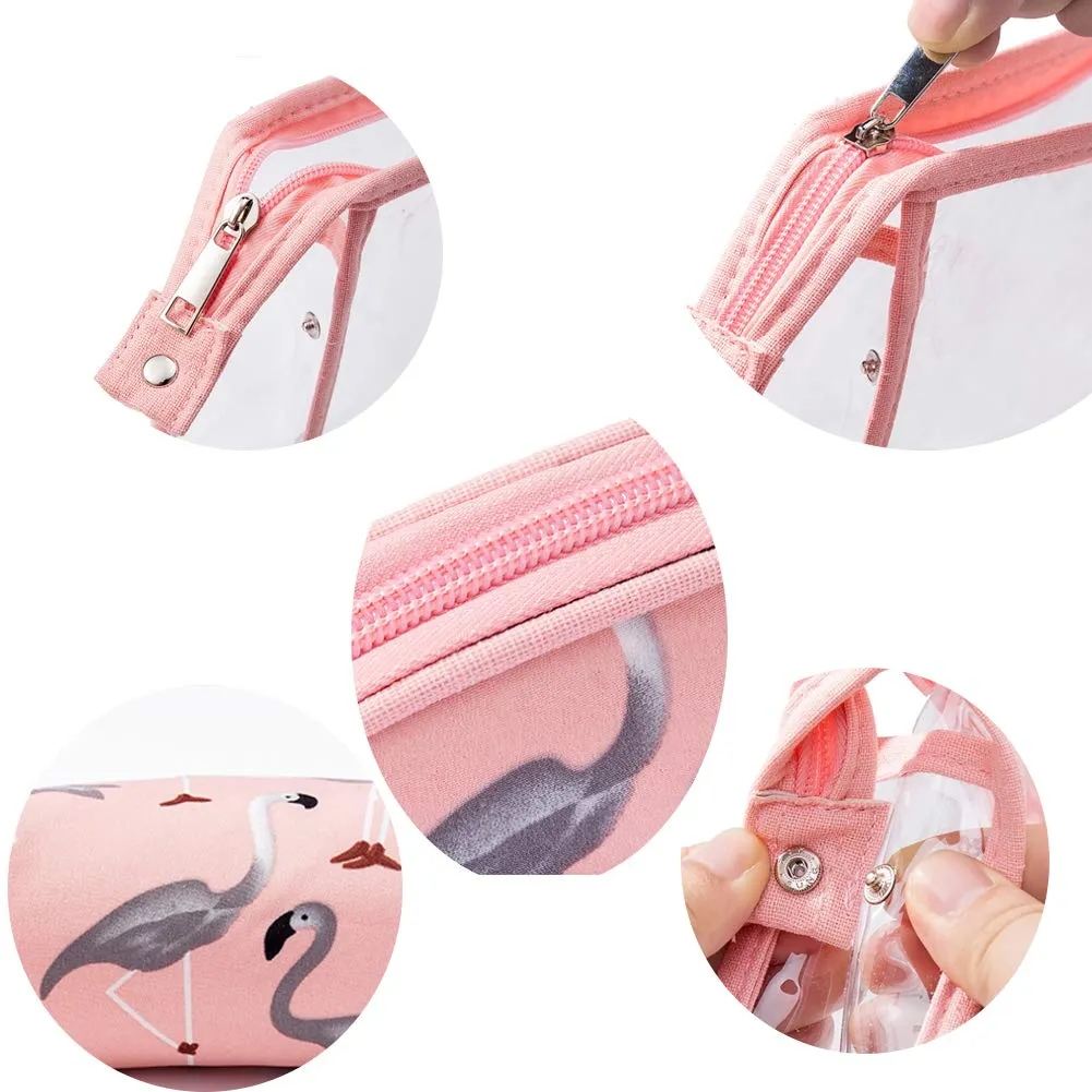 Lady's Cosmetics Portable Zipper Waterproof Transparent Travel Dustproof Storage Bags PVC Clear Makeup Wash Toiletry Bag set of 3 (pink red-crowned crane)