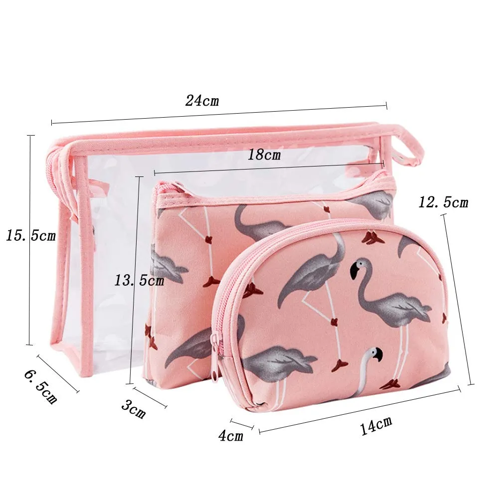 Lady's Cosmetics Portable Zipper Waterproof Transparent Travel Dustproof Storage Bags PVC Clear Makeup Wash Toiletry Bag set of 3 (pink red-crowned crane)