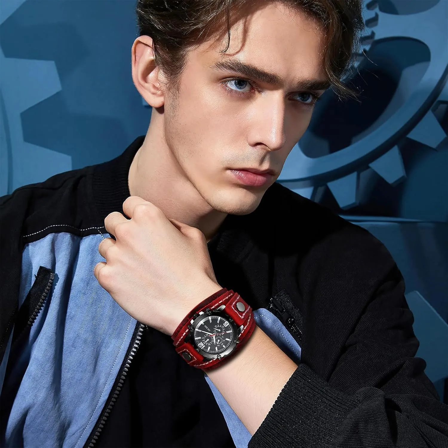 Lancardo Men Steampunk Leather Watch: Black Dial Multi-Layer Leather Strap Wide Cuff Analog Quartz Watch Three-Eye Decorative Valentines Day