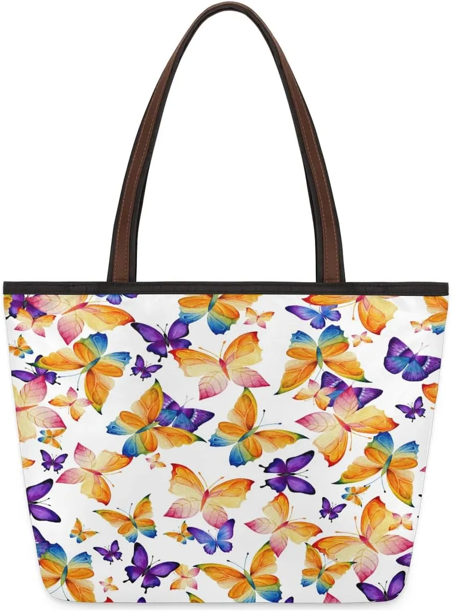 Large Tote Bag For Women Butterfly Orange Purple Animal Work Cloth Bags With Zipper Reusable Grocery Hand Bags Casual Travel Overnight Tote Purses Fit Travel,Work, Vacation,Beach, Shopping, Gym,Gifts