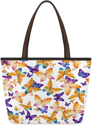 Large Tote Bag For Women Butterfly Orange Purple Animal Work Cloth Bags With Zipper Reusable Grocery Hand Bags Casual Travel Overnight Tote Purses Fit Travel,Work, Vacation,Beach, Shopping, Gym,Gifts