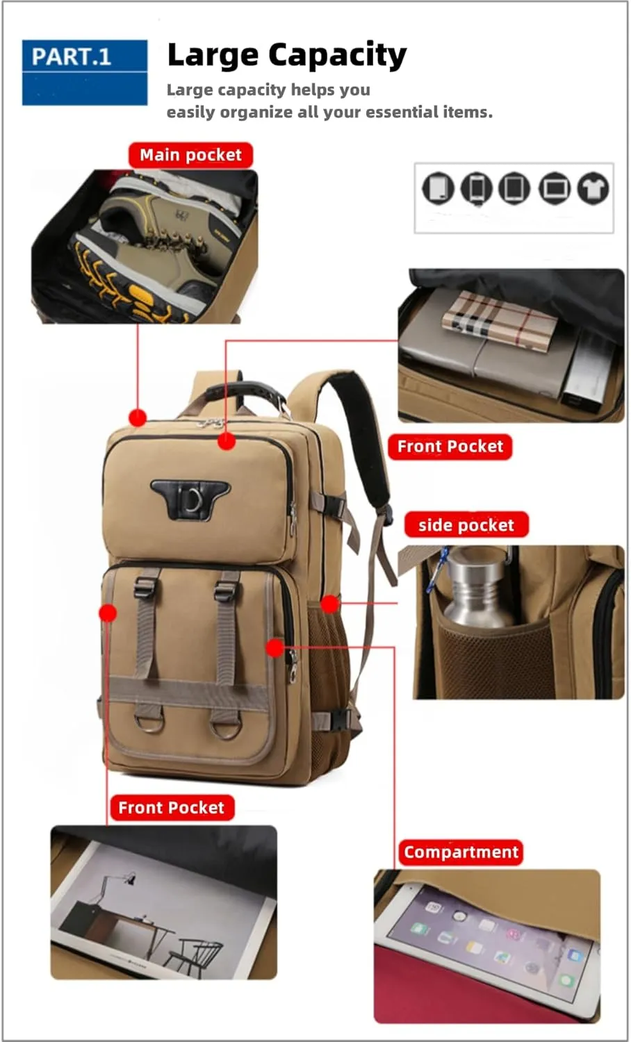 Large Travel Backpack Carry,Camping Hiking Backpack,Water Resistant Outdoor Daypack Travel Bag for Climbing Skiing (Grey)