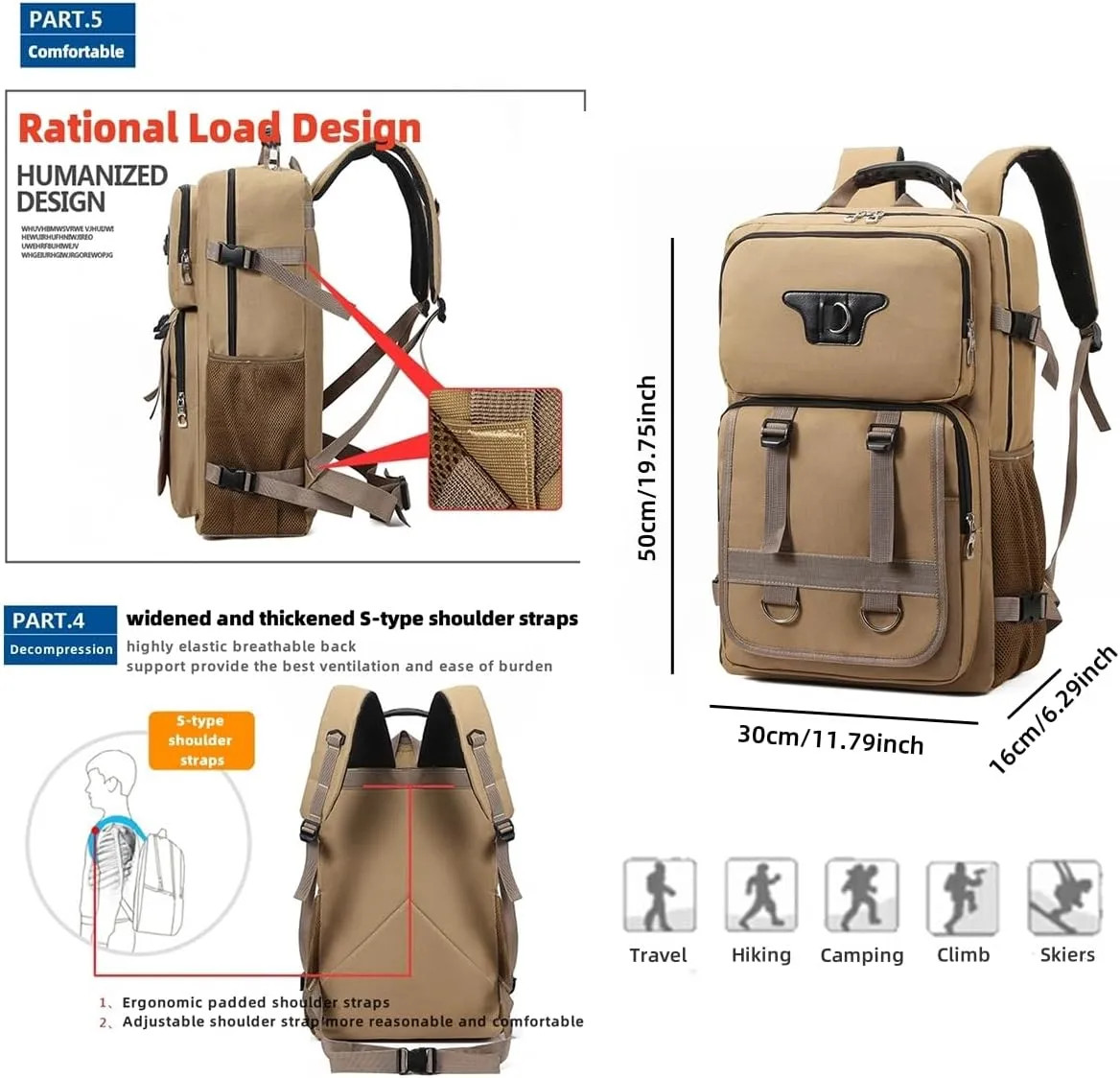 Large Travel Backpack Carry,Camping Hiking Backpack,Water Resistant Outdoor Daypack Travel Bag for Climbing Skiing (Grey)