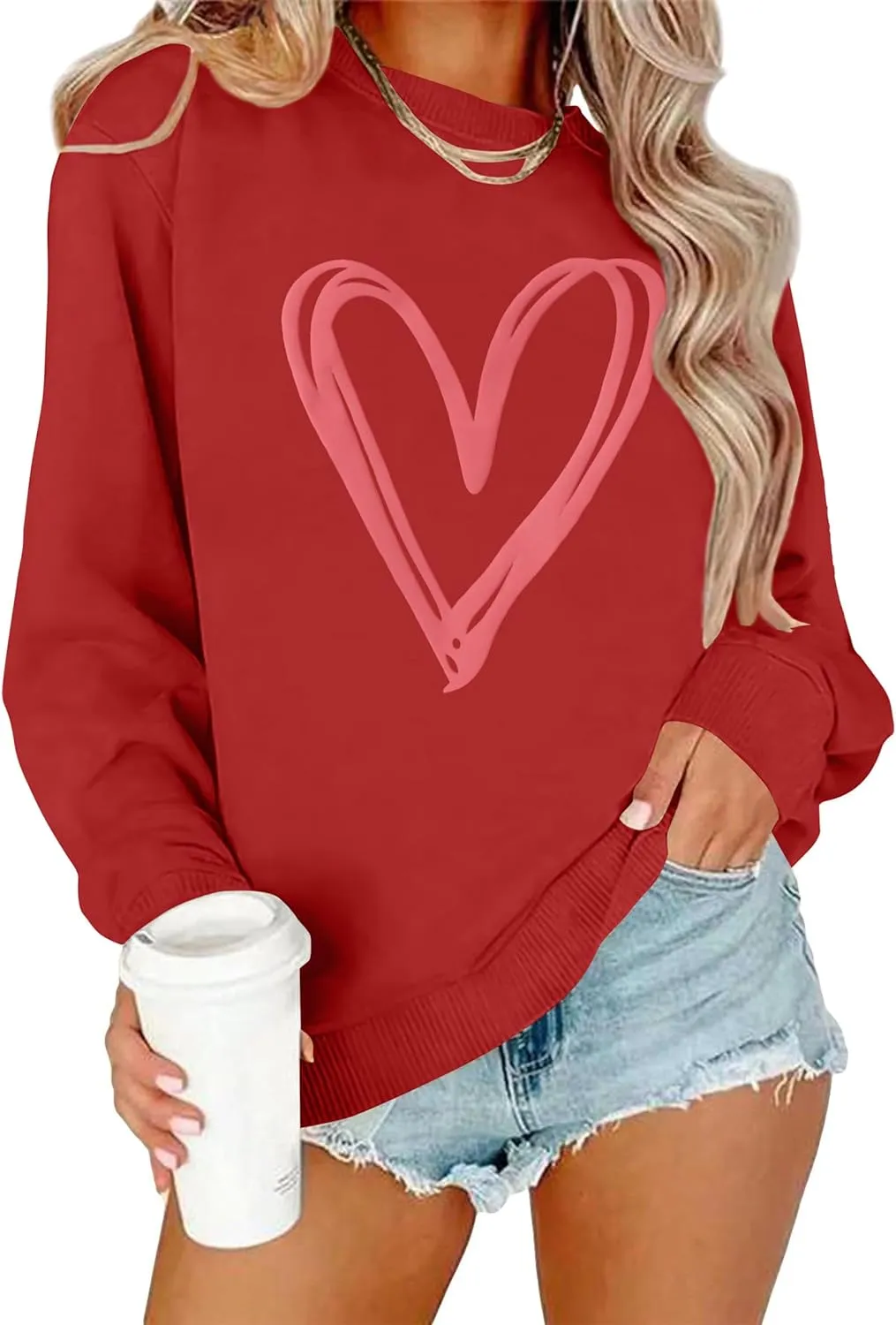 LAZYCHILD Women Valentines Sweatshirt: Cute Heart Graphic Shirts Valentine Pullover Long Sleeve Tops