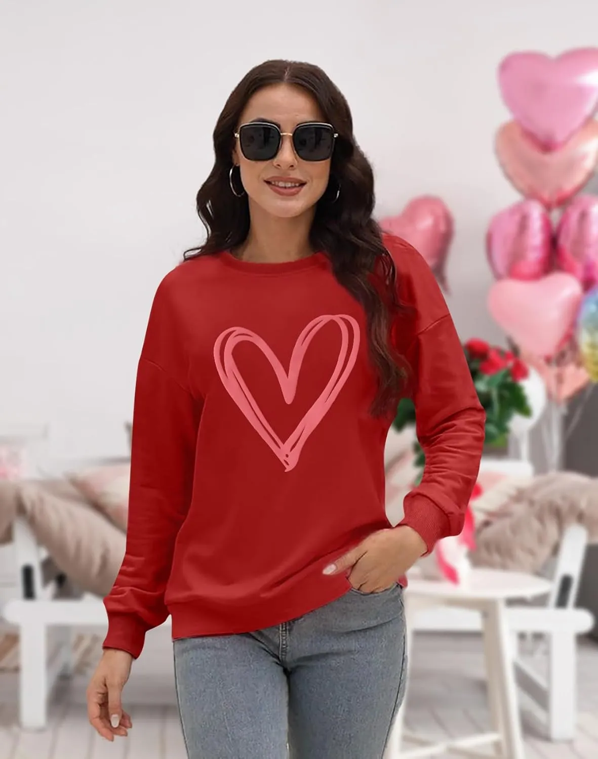 LAZYCHILD Women Valentines Sweatshirt: Cute Heart Graphic Shirts Valentine Pullover Long Sleeve Tops