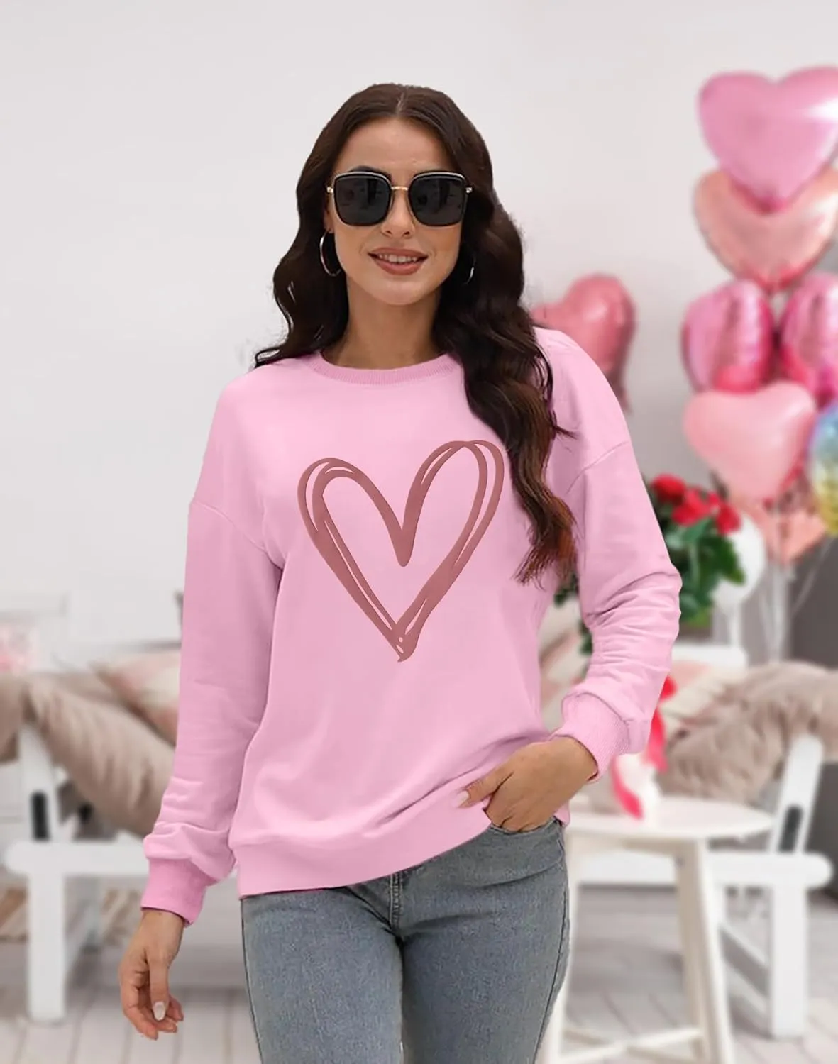 LAZYCHILD Women Valentines Sweatshirt: Cute Heart Graphic Shirts Valentine Pullover Long Sleeve Tops