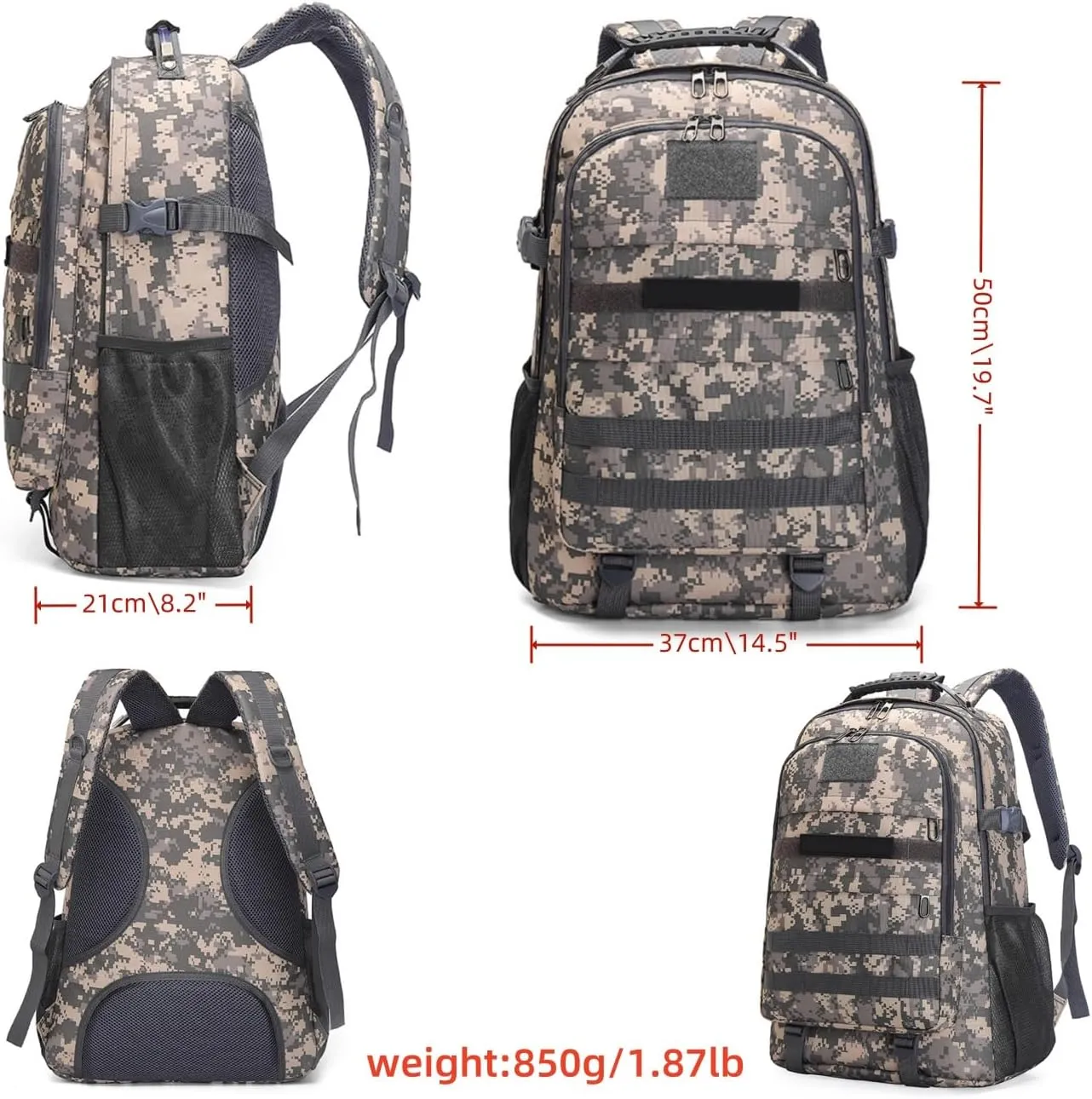Light tactical backpack, College backpacksUSB charging port Hiking/climbing/camping/outdoor travel backpack (01#Camouflage grey)