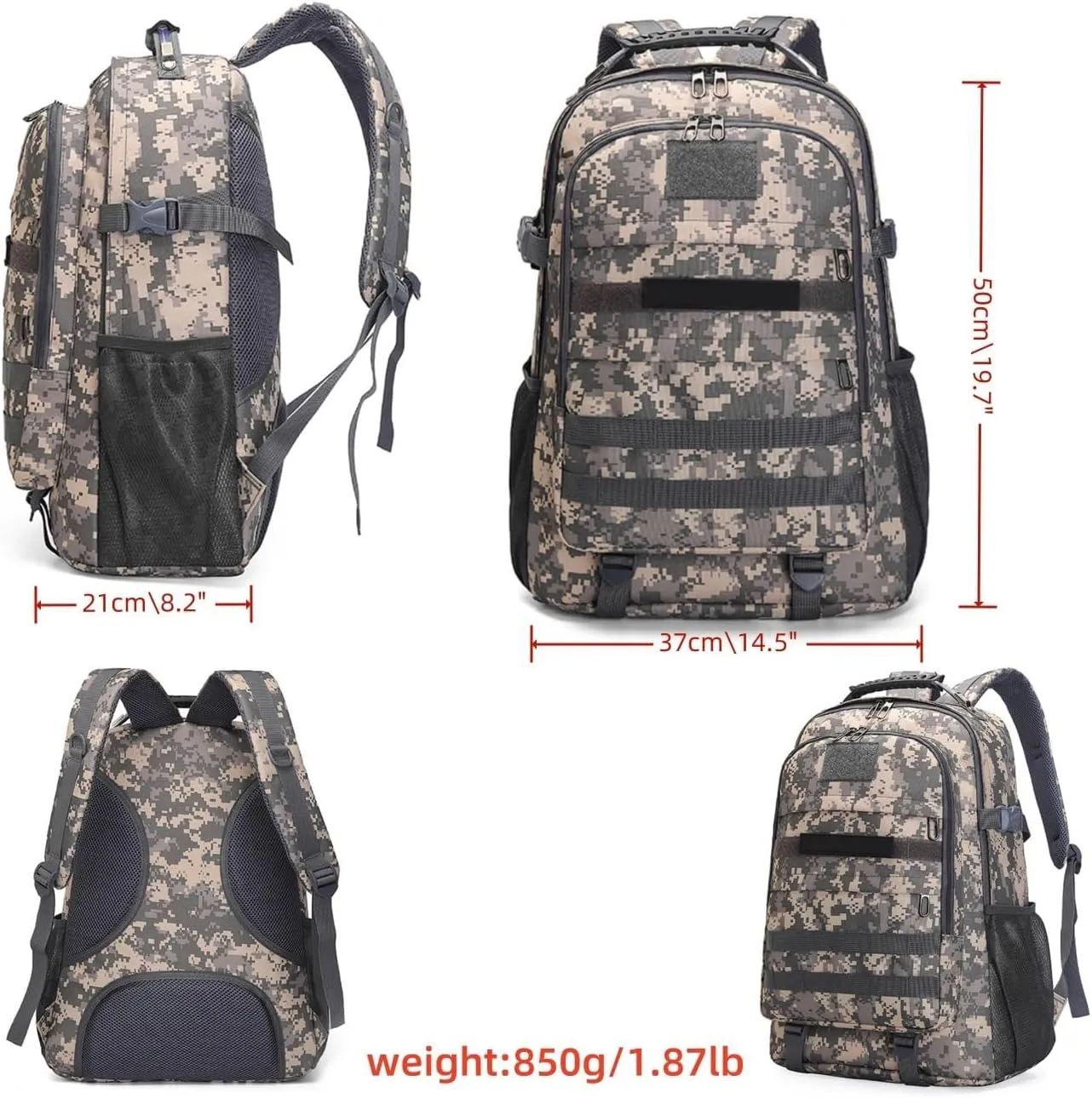Light tactical backpack, College backpacksUSB charging port Hiking/climbing/camping/outdoor travel backpack (01#Camouflage grey)