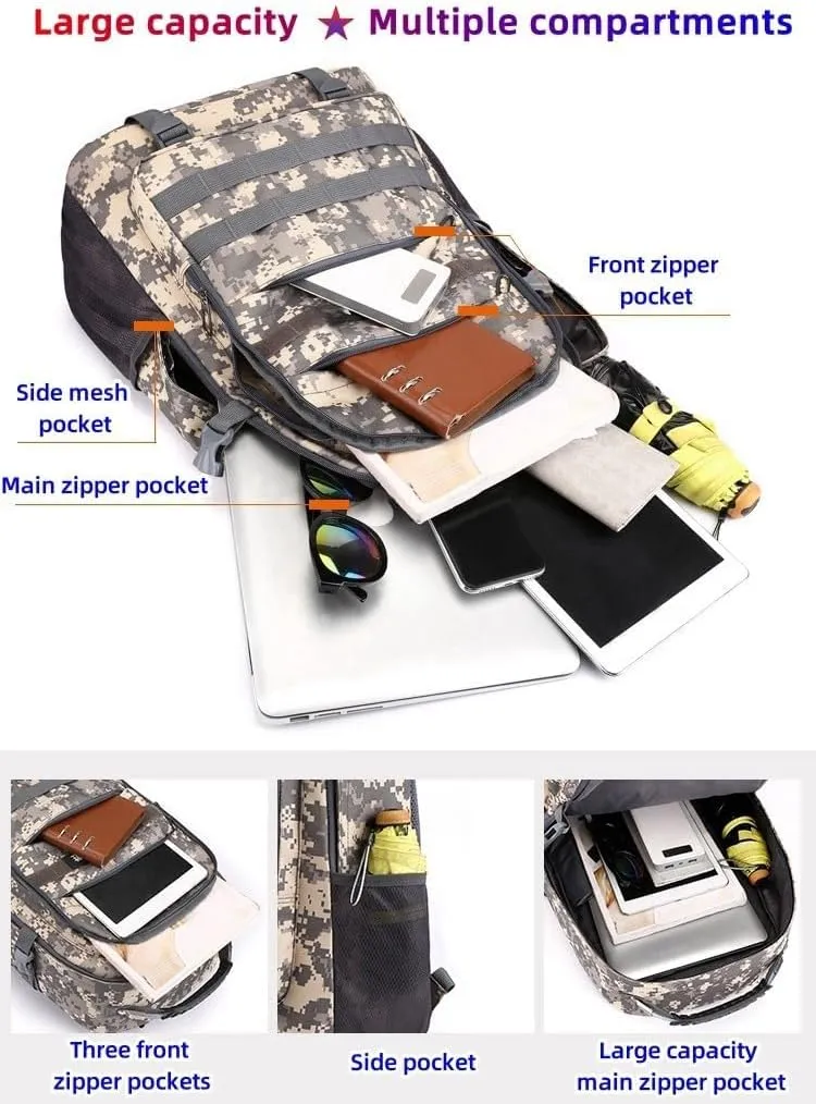 Light tactical backpack, College backpacksUSB charging port Hiking/climbing/camping/outdoor travel backpack (01#Camouflage grey)