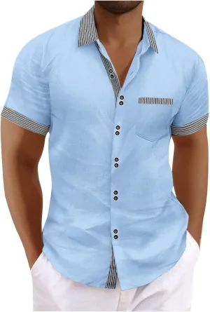 Linen Button Down Shirt Men Loose Comfy Short Sleeve Color Block Blouses with Pocket Casual Business Solid Shirts Top