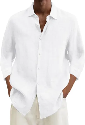 Linen Shirts for Men Big and Tall Casual Button Down Long Sleeve Solid Spread Collar Shirt Summer Hawaiian Beach Tops